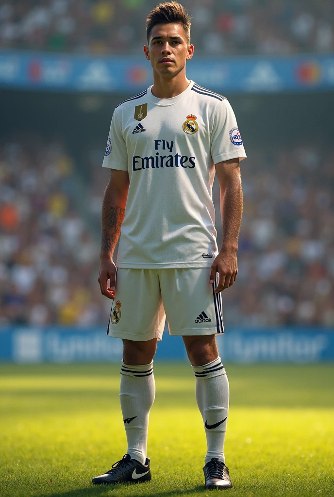 A man with glasses,side parted hair,standing in the middle of the field wearing a Real Madrid football shirt