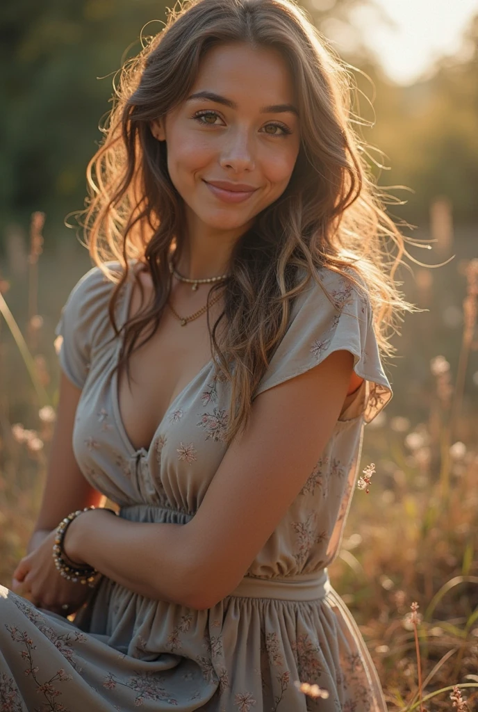 Full body portrait, smiling woman aged 40, hipster clothes, hippie, sexy dress, nature, lake, generous chest, long brown hair, cinematic atmosphere, feminine, natural, Perfect eyes, perfect hands, perfect teeth, pretty smile, ultra-sharp, high resolution, imperfect skin, natural skin, wide angle shot