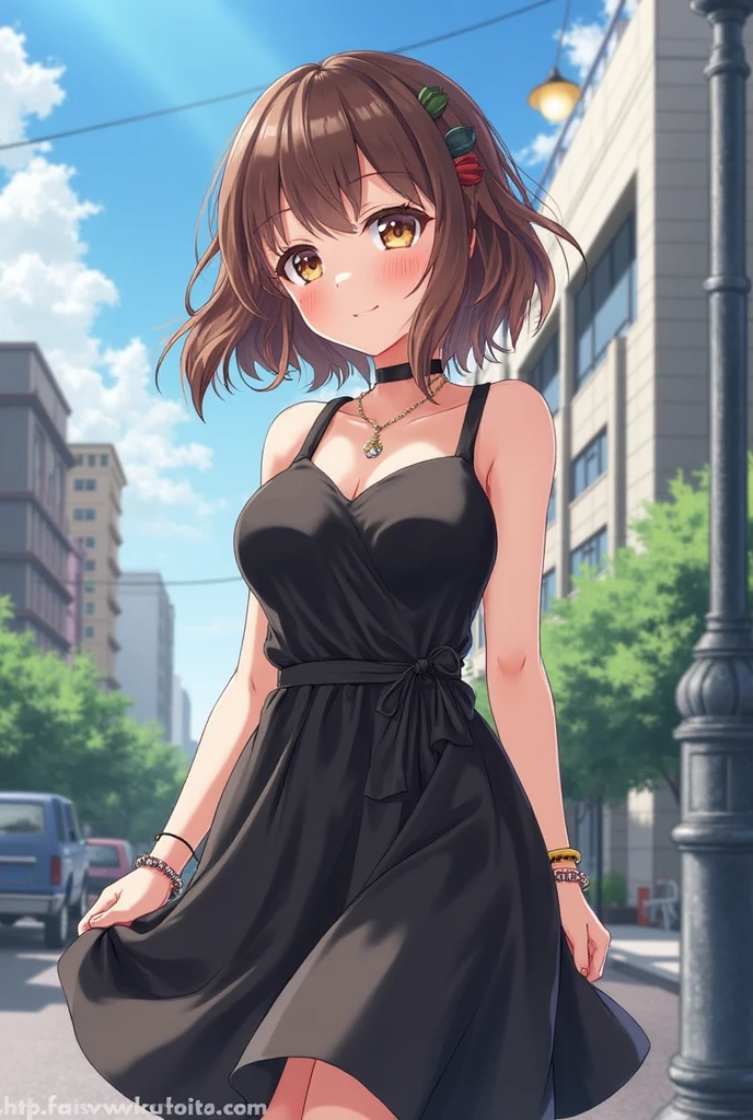 独奏、(No sleeve、White dress white、Armpit)、Toned body、Bare thighs、(short hair、Brown Hair、Barrette、hair ornaments)、(Brown eyes:1.5)、(yuihirasawa、yui hirasawa、Yui Hirasawa)、(Panty shot、White panties、Panties transparent with sweat、Mansuji)、Big Breasts、In town、bustling street、独奏