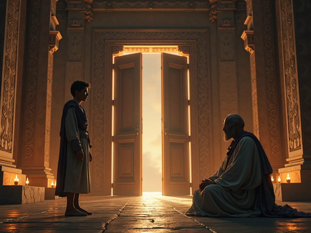 Samuel in his room in the temple, being called by God, in biblical times