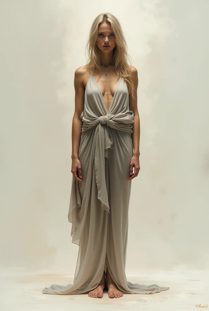Long blonde hair , the model is wearing an ankle length silver satin cloak tied at the neck and nothing else, she is naked ,  Magali Vil, concept art, 
hyperrealism, elegant cape, high detailed photography cape,
with cape, wearing a cape,