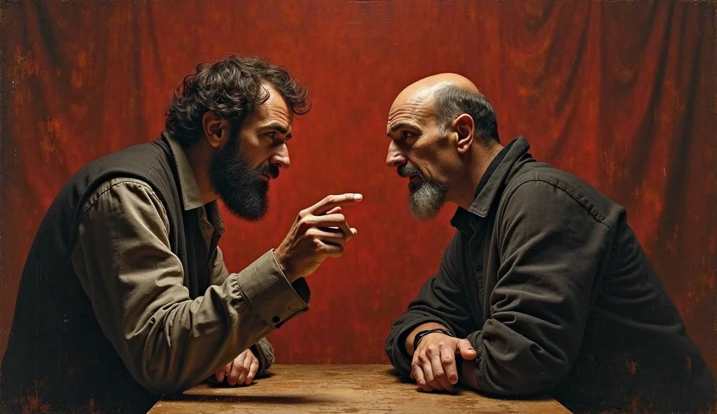 Renaissance painting style in red tones of: Two men in a heated debate ...