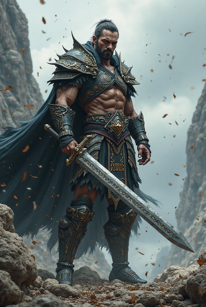 Superman muscular knight with big crotch bulge in the cold snow storm, muscular knight in the cold snow. Knght with a big dark sword. Hairless handsome super man fighting in the snow. Knight with shiny tattoos in his arms and a roman's helmet. Sexy slim golden underwear. Knight with golden armor.
