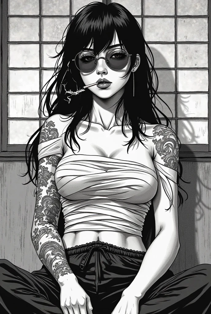 Black and white stick figure 1 black girl with flowers,  flowers in background, leather in dress with flowers, its fine ink line art, comic style, portrait of  black girl, Marilyn Munroe, long black hair, Hollywood glam, beautiful line art, black and white comic style, manga style, manga art style, pencil and ink caricature drawing, black and white coloring