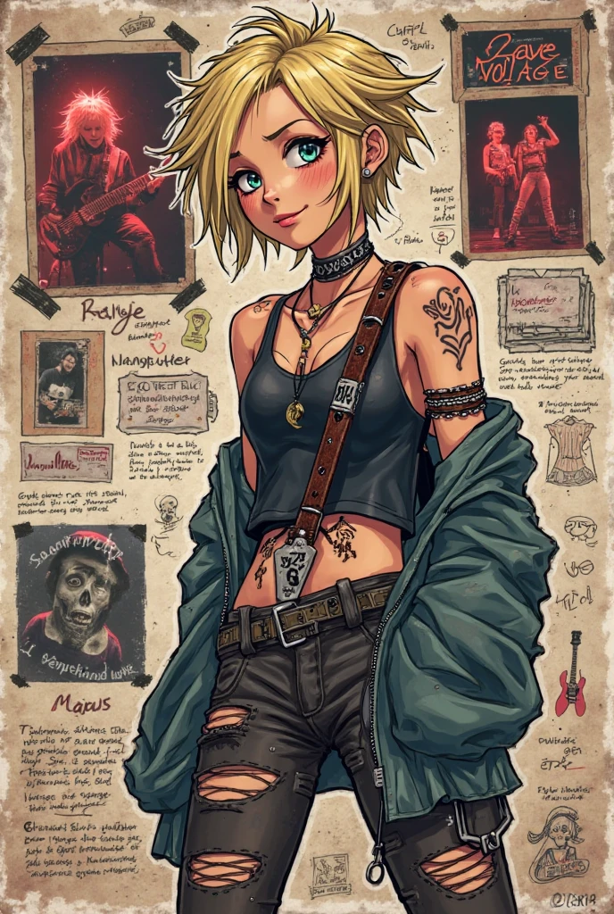 Imagine a young, rebellious woman with a detailed and striking design. She has a slim, athletic build, showcasing both her strength and agility. Her short, choppy hair is dyed a vibrant shade of blue, with a few stray locks falling into her eyes, adding to her edgy appearance.
Her face is adorned with several piercings: a nose ring, eyebrow piercing, and multiple earrings lining the edges of her ears. Her eyes are a fierce, electric green, framed by bold eyeliner and a confident gaze that challenges anyone who dares to cross her path.
Her attire is a mix of punk and street style: a black leather jacket covered in patches and studs, a ripped tank top underneath, and distressed jeans held up by a studded belt. On her feet, she wears combat boots that have seen better days, each scuff and scratch telling a story of past skirmishes.
Her body is a canvas of tattoos, each one a symbol of her defiance and individuality. A sleeve of intricate designs runs down her right arm, featuring skulls, roses, and abstract patterns. Across her knuckles, bold letters spell out a provocative word or phrase, further emphasizing her rebellious nature. On her back, a large, detailed piece depicts a phoenix rising from the ashes, symbolizing her resilience and ability to overcome adversity.
She carries a small, switchblade knife tucked into her boot, always ready to defend herself. Around her neck, a choker with a silver pendant adds a touch of rebellious flair. Her fingers are adorned with rings, each one unique and personal, from skull motifs to simple bands.
When she moves, it's with a confident, almost swaggering stride, her presence commanding attention. She embodies the spirit of rebellion, living life on her own terms and refusing to be tamed by society's rules.