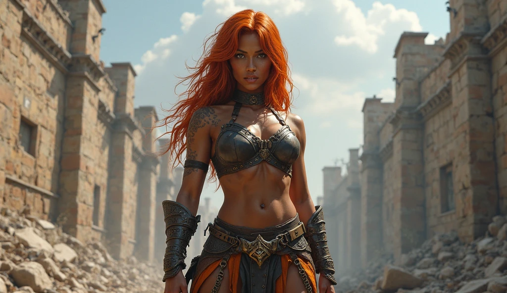 grimdark fantasy, a 2 girl with long spiky red hair and round face with green eyes and strong body with wide hips and big breasts and wearing a tight white t-shirt with cleavage and tight white trousers and short white boots and a white cloak with a greatsword at her back standing in a shady tavern surrounded by hostile thugs ready for a fight