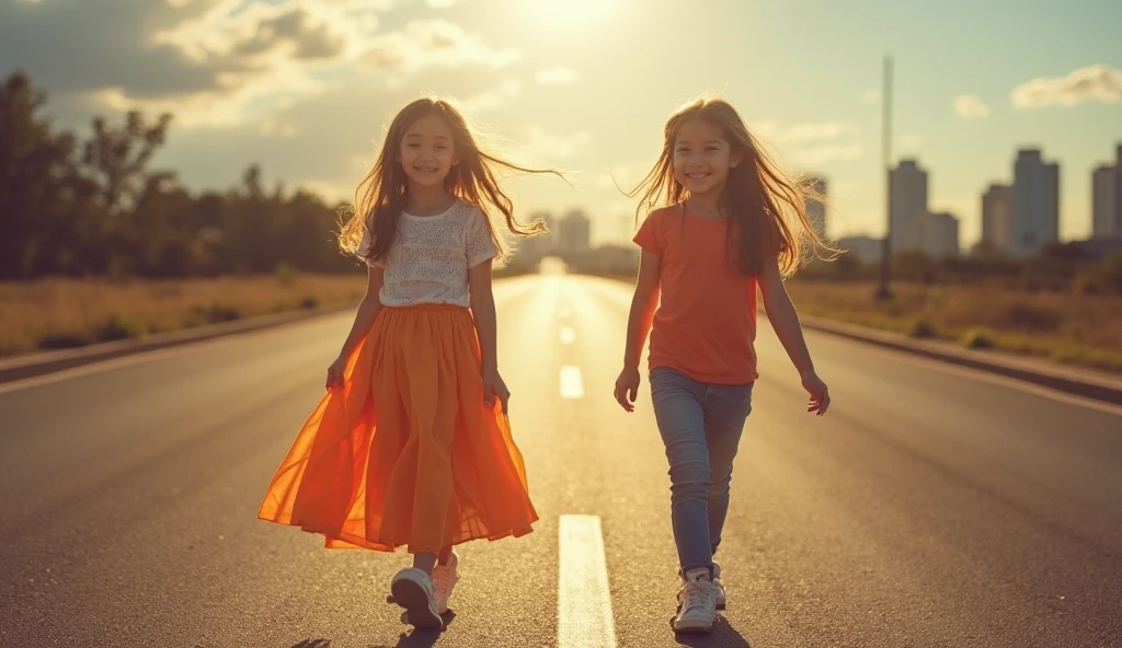 two girls two boys Standing holding a bicycle on the road