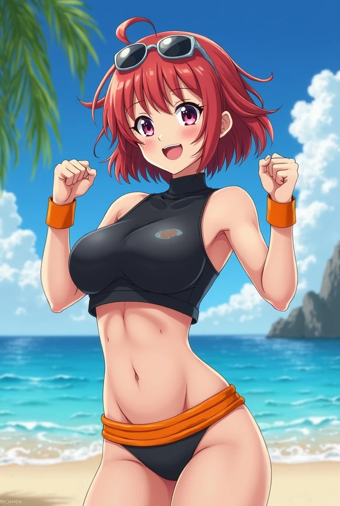 （（（masterpiece、Highest image quality、highest quality、highly detailed unity 8ｋwallpaper）））、（（Illustration of one girl））、（（（beautiful girl）））、（（orange hair、side ponytail、sidelocks：1.3、orange eyes））、（（（stocky build：1.2, thickset physique：1.3, muscular legs, broad shoulders：1.3, solid chest：1.2）））、swimsuit、sandy beach