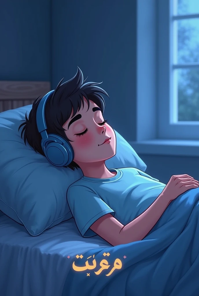 A alon boy sleeping on bed and listening music. Age 14