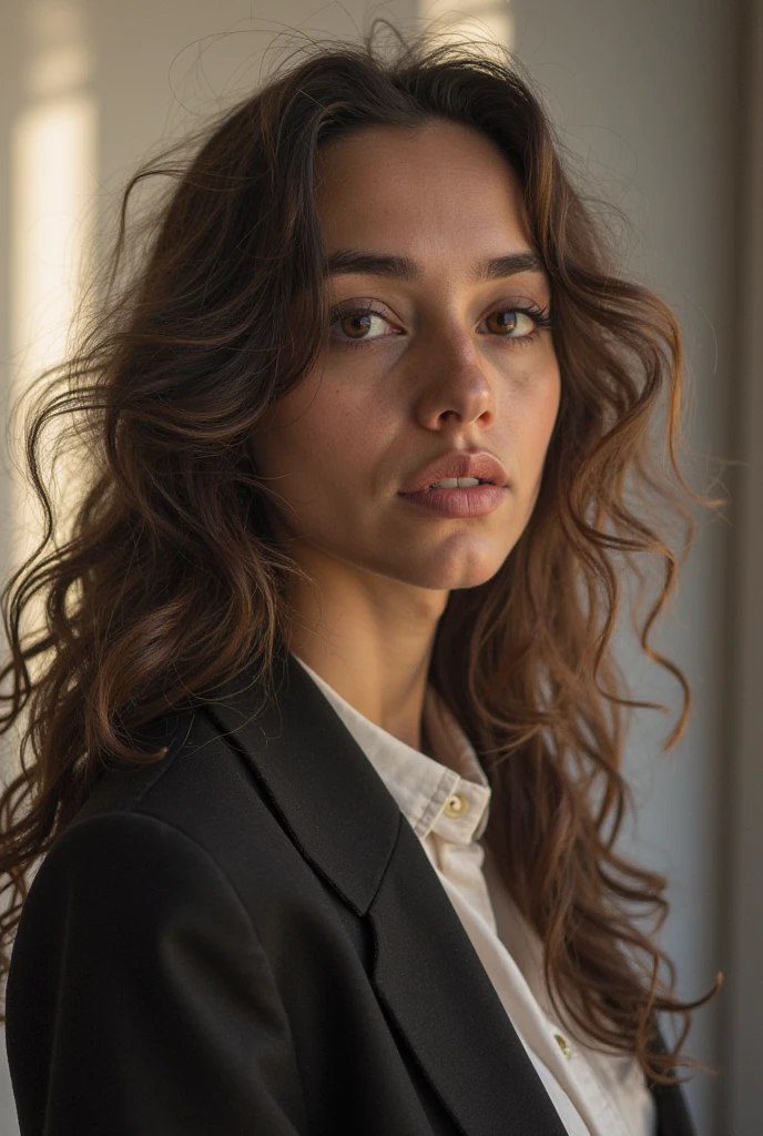 first person point of view,sitting in front of a 19-year-old gorgeous office intern,beautiful big eyes,beautiful red lips,detailed facial features,curly long hair,professional attire,focused gaze,intelligent expression,confident posture,desk in the background,computers and paperwork on the desk,modern office setting,bright and vibrant colors,soft natural lighting,artistic portrait style,medium: oil painting,masterpiece: 1.2,ultra-detailed,realistic,photorealistic: 1.37,vivid colors
