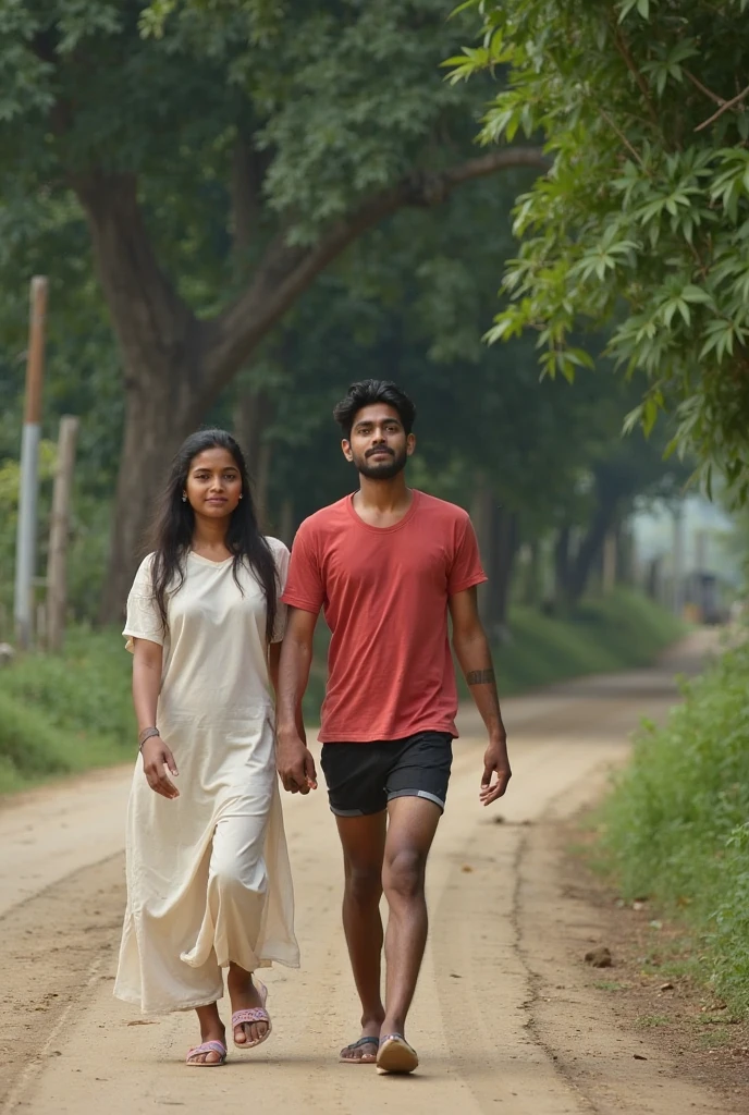 A 25 years old indian man walking in a garden, his girlfriend is seting on a stone