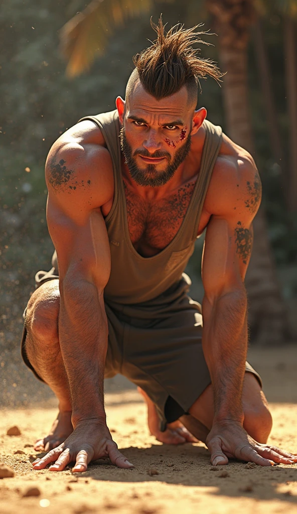 create a high-resolution image of a real man, sweaty, from cueca, with his pants down, drooling.