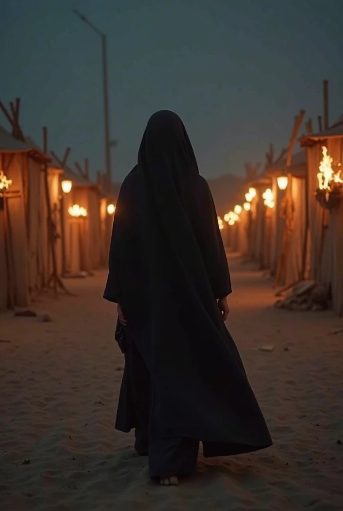 Oil painting size 9:This 16 captures the dramatic moment in which Safiyah bint Abdul Muttalib confronts the figure of an enemy spy at the entrance of a fort inhabited by women and children during the Khandaq War.. In this composition, Safiyah looked upright and brave in the middle of the fort surrounded by a strong defensive structure. He is wearing a combat outfit that shows determination and is ready with a weapon in hand.. His face showed a stern and wary expression as he stared into the eyes of the spy., who looked cornered and scared under the dim light of the fort's lamps.. The spy, wearing dark clothes and a mask that almost covers his entire face, looks anxious and caught in a moment of tension, with one hand appearing to reach for something from behind his clothes. In the background, the dark night atmosphere with the strong fort provides a dramatic contrast to the tension between Safiyah and the spies. Background details including shadows and flashes of light add to the intense atmosphere of this encounter..