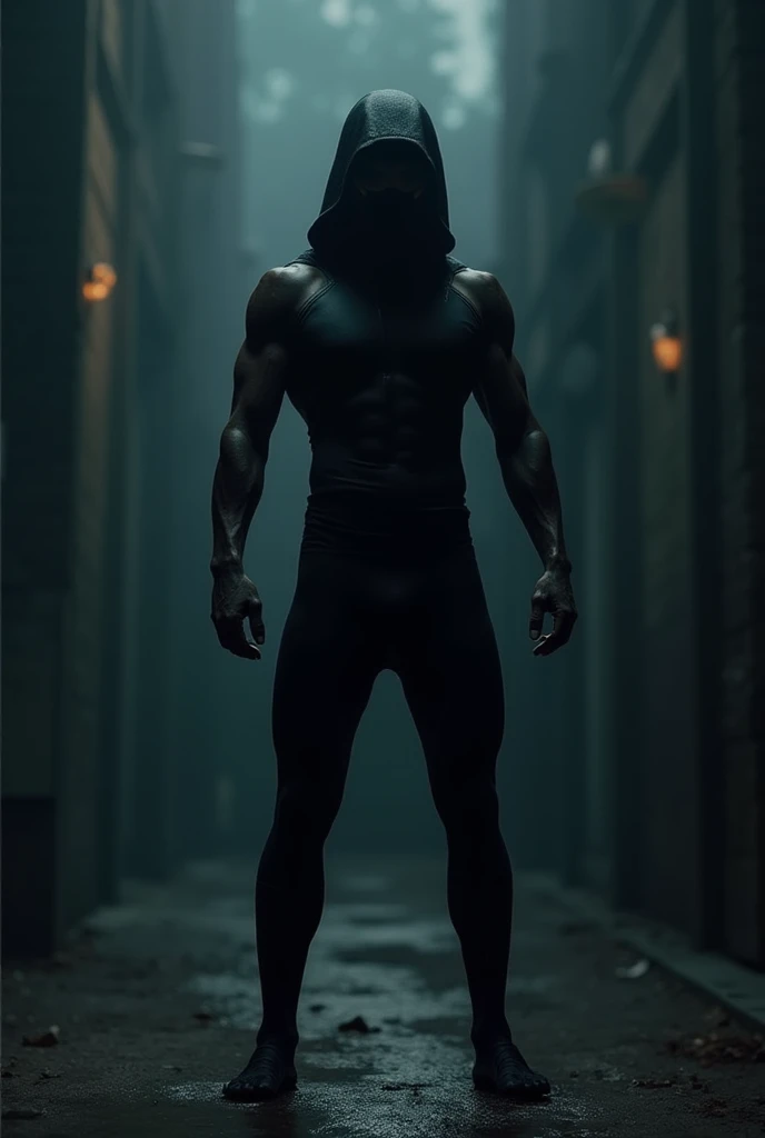 A full-body image of a tall man, standing 193 cm in height, weighing 83 kg, with a medium athletic build. He is dressed in a sleek black outfit that completely covers his body from head to toe, including a black mask that fully conceals his face, adding to his mysterious and imposing presence.