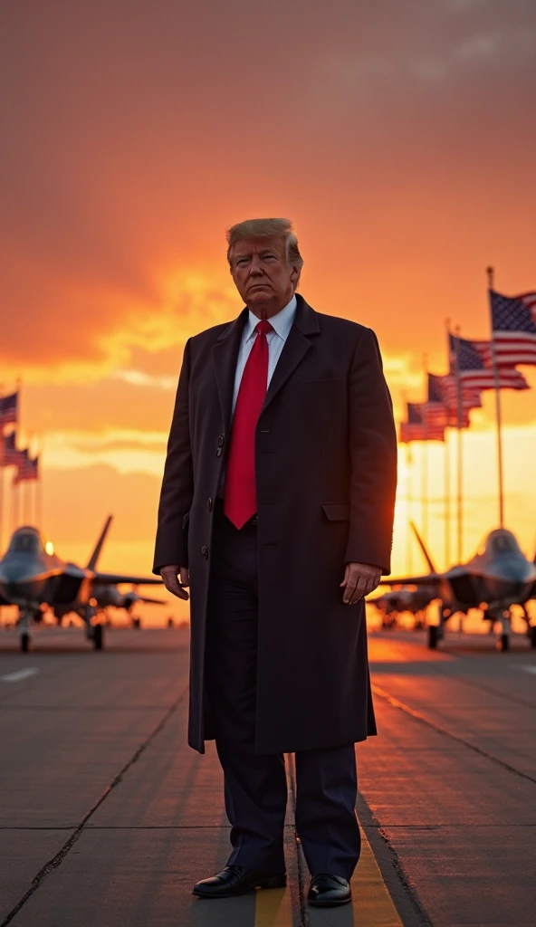epic cinematic dynamic masterpiece, best quality, hyper detailed, ultra detailed, Trump was wearing a navy blue suit with a red tie, in the background we have a US war fleet, with fighter jets, tanks, soldiers, flags, lighting, in motion. main theme of a high budget action movie. RAW photo, motion blur. best quality, High resolution