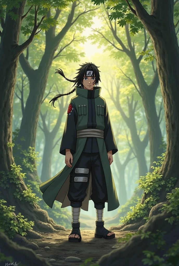 Man, thin and defined body, long green hair, green eyes, bruised and scarred body, dark green coat, training field background, "Anime character design inspired by Naruto, full of dramatic and impressive lighting, focus on the centralized character, impressive face, full of creative details, ultra-fine 2D design, scenery bathed in creativity, boasting 2D anime resolution clarity, HD anime graphics, high-octane rendering"