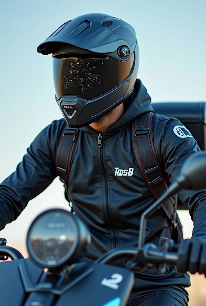 Best quality, 4k, masterpiece, a 22 year old man, Asian man, wearing a black and blue off road helmet, black hoodie with white pattern, blue denim pants, on a motorbike, racing arena background, high contrast