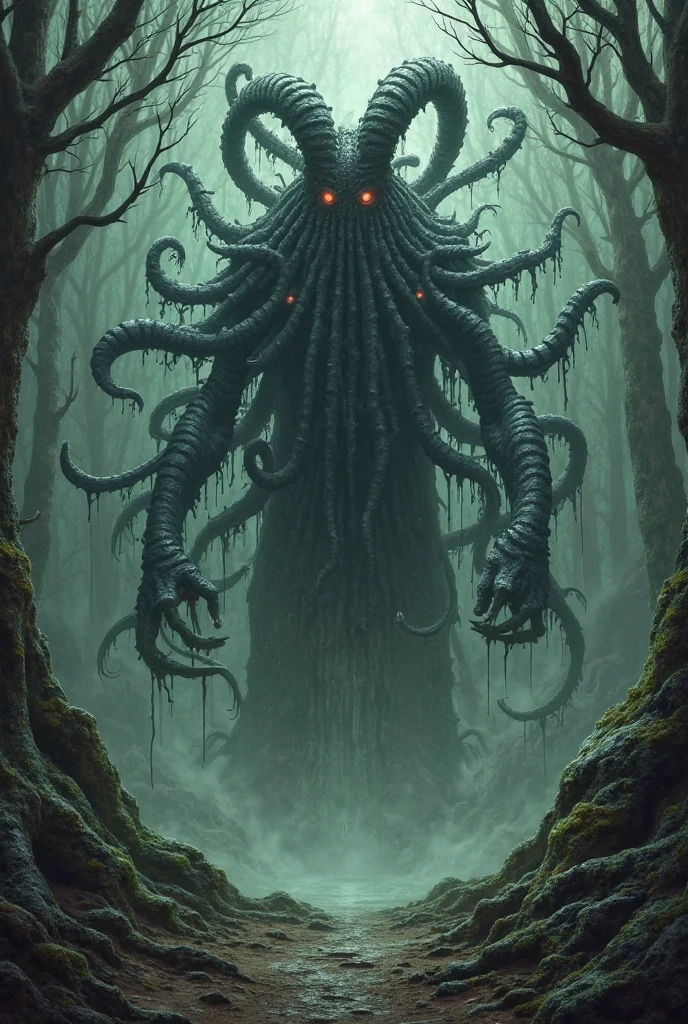 a dark and terrifying cthulhu creature, eldritch cosmic horror, twisted and disturbing tentacles, abyssal depths, otherworldly entity, ancient and primordial, unspeakable abomination, dark and foreboding atmosphere, tendrils of madness, chthonic nightmare, glowing eyes in the depths, visceral and unsettling, (best quality,4k,8k,highres,masterpiece:1.2),ultra-detailed,(realistic,photorealistic,photo-realistic:1.37),dark fantasy,horror,moody lighting,dramatic shadows,unsettling colors