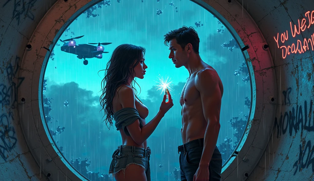 Beautiful Man and Woman in whirlpool of clear blue water, and boiling bioluminescent light drawn up in a tornado of wind and water, hyperdetailed 24k photorealistic