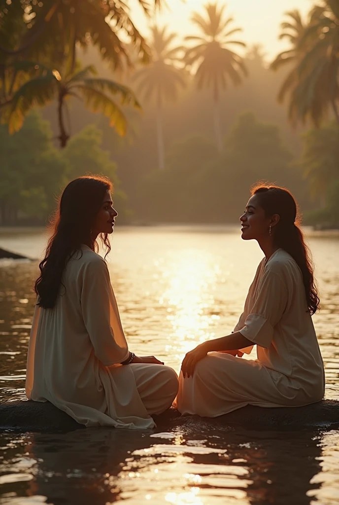 Pale white skinned North Indian slave woman with dark skinned daughter, and dark skinned south indian slave woman with pale white skinned daughter, gupta era, both have a similar build, both are sitting in lotus pose beside a lake, threaten eachother with a hand towards eachothers butt while their daughters are in the distance kissing in the lake