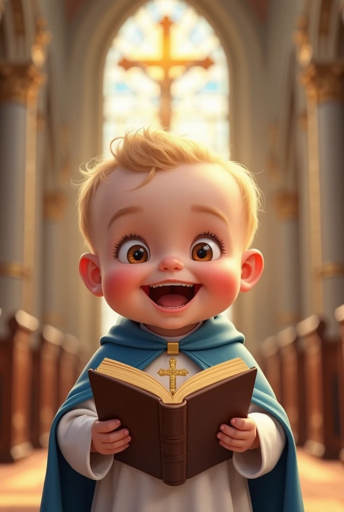 Baby, boy, little monk, dressed in a cassock, soaring into the air, white clouds, blue sky, laughter, overlook.