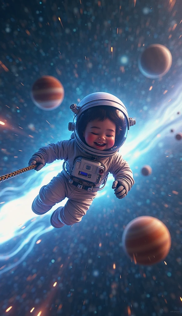 A child in a spacesuit, floating in space, smiling, spaceship lighting, space, background, dynamic, HD, perfect fingers,