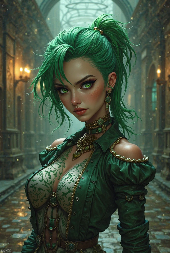 1women,green hair, kimono,cleavage section