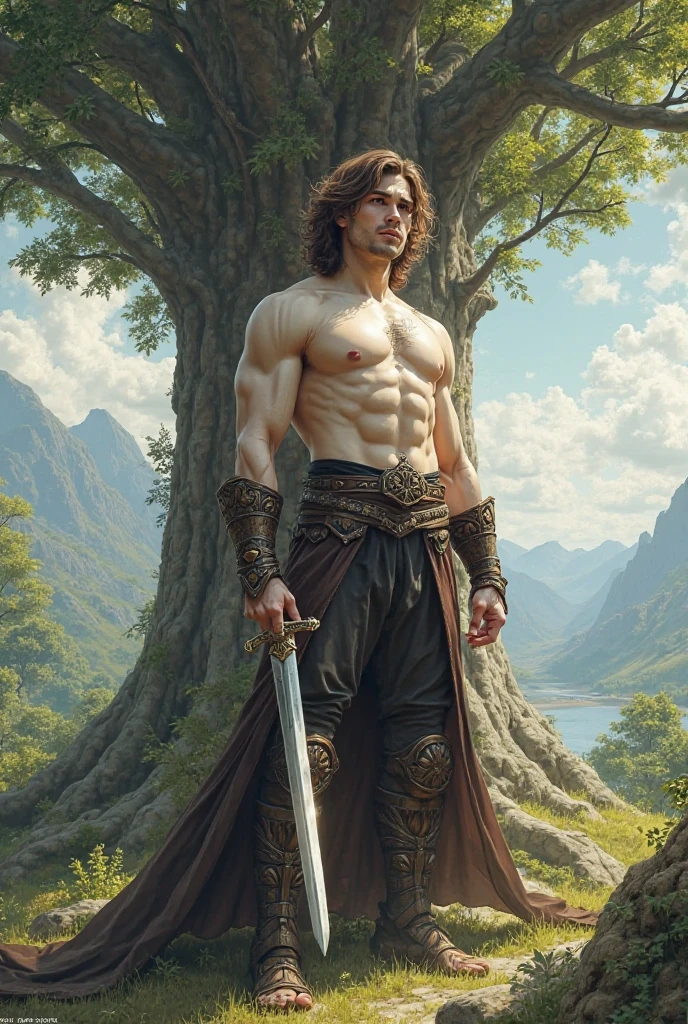 Side view. 1boy handsome fit male, very detailed flawless face, detailed open eyes, very handsome, epic, heroic, warrior. (muscular), (big muscles), ((large pectorals)). Long hair, ((smile)).
((Shirtless)), wearing a loin cloth with ((large bulge)), bracers, shin guards, boots, very long flowing cape.
Enchanted mythical forest landscape with trees, bushes, flowers, grass, a stream nearby. Soft misty light. Depth of field. Pastel colors.
Digital painting, overdetailed digital painting, best quality
<lora:BulkedUpAIR1.5:0.2>
<lora:lightV1:1>