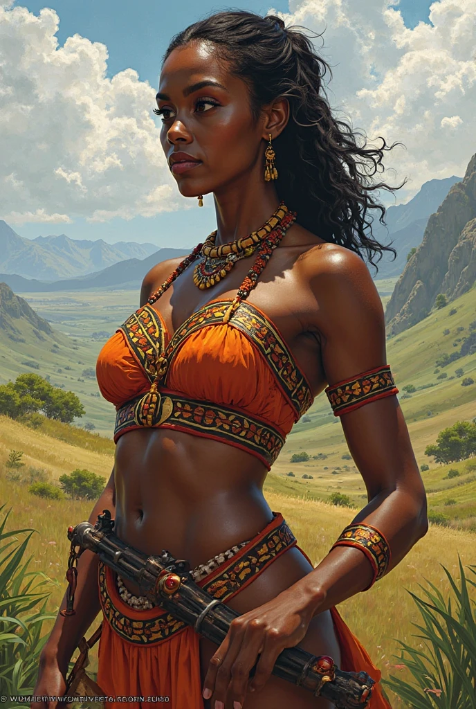 (masterpiece, UHD, oil painting, realistic, Greg Rutkowski style:1.3), Queen Nzinga, (17th-century African warrior attire:1.2), adorned with tribal jewelry, fierce expression, wielding a spear, African savannah background, setting sun, (warm hues of orange and red:1.2), detailed textures, rich colors, imposing presence, full body view, looking at viewer.