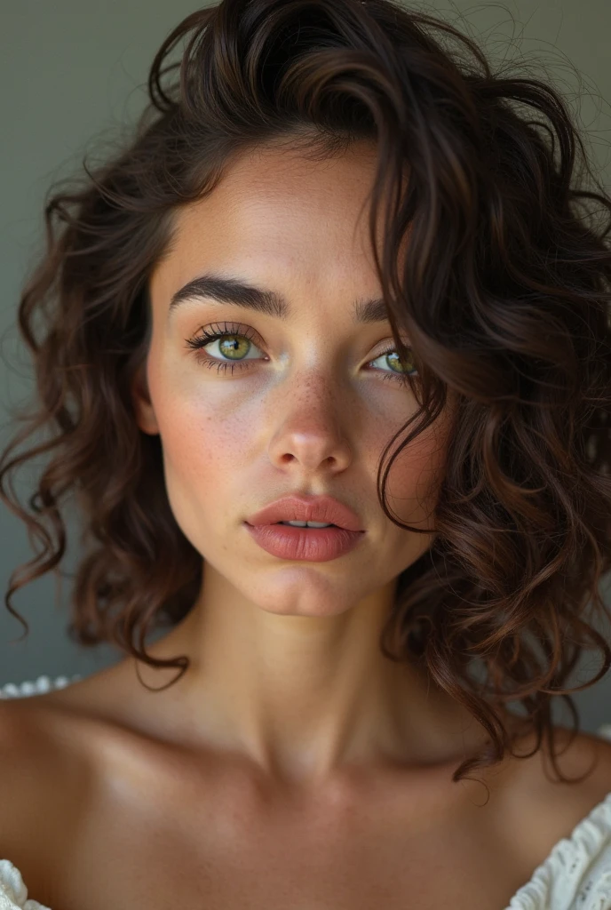 caucasian woman, Italian curly short hair blue eyes light skin, arbitrated nose, freckles above the nose