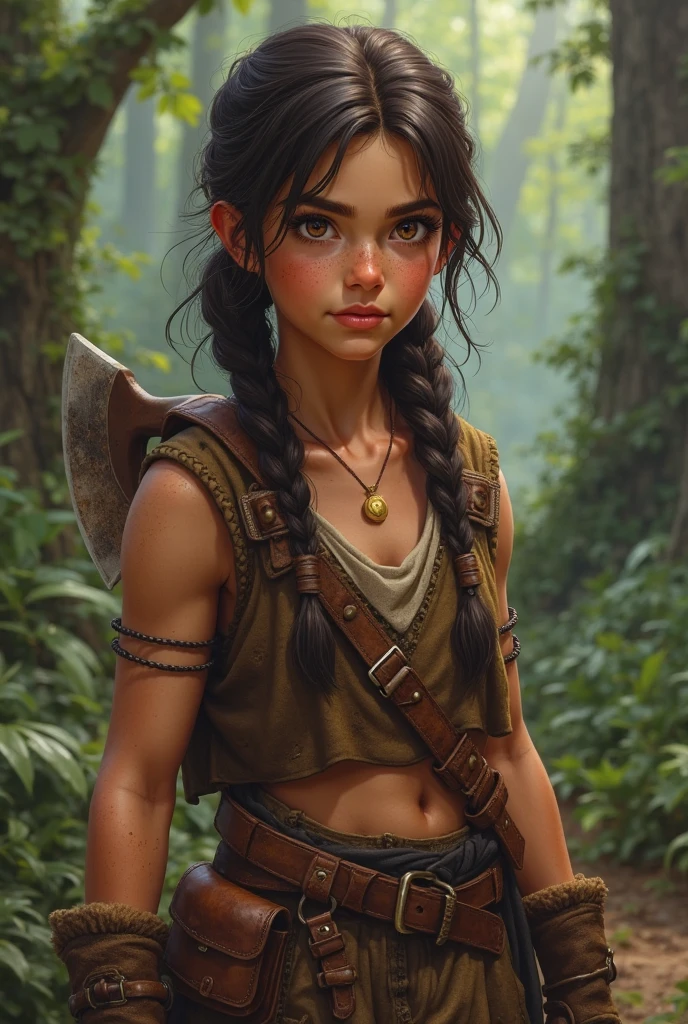 A very young girl with short brown hair and brown eyes, many freckles, and a flat nose, with a round face,built like a tanksmiling happily, standing barefoot on a beach, in a chibi/deformed style, extremely detailed, 4k, photorealistic, masterpiece, vivid colors, natural lighting, cinematic composition