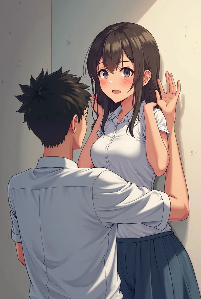 woman in pink polo shirt, glasses, arms up, armpits, open mouth, eye highlights, detailed eyes, blush, short bob, Small breasts,Black Hair, hospital cute embarrassed reluctant high quality perfect hands black eyes perfect arms perfect fingers perfect anatomy hugged from behind by an excited man