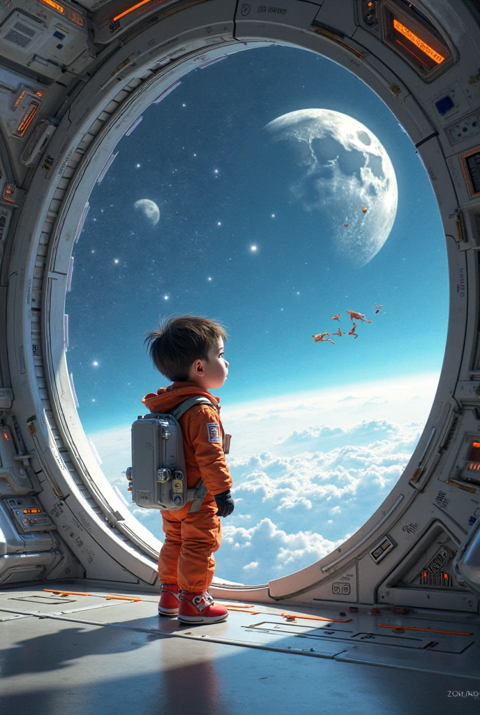a boy sitting on the spacecraft which is addressing towards moon