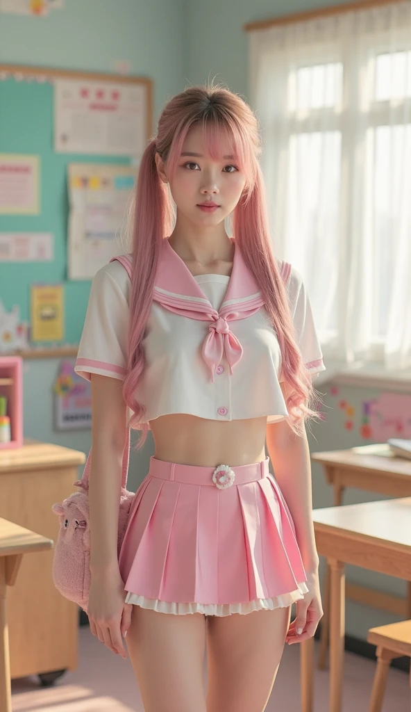 (Stock Photography, Award Winning) TrualityCampus_Heather is (skinny), (A chic, minimalist coffee shop with large, floor-to-ceiling windows and modern design elements) (wearing school uniform, pleated skirt, thighhighs) (blonde and light pink short hair) by Steve McCurry, 35mm, F/2.8, ((Photo Focus, DOF, Aperture, insanely detailed and intricate, character, hypermaximalist, beautiful, revealing, appealing, attractive, amative, hyper realistic, super detailed))(DOF, blurry background), Content facial expression <lora:School Uniform By Stable Yogi:0.8>