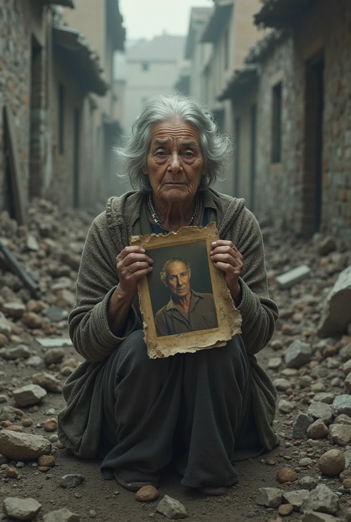 An illustration Of a old Women (hairs covered in black scarf) sadly with tears in her eyes looking at her sons picture who is dead in war while in fade shade in her background german and french politicians from ww1 are laughing shaking hands.