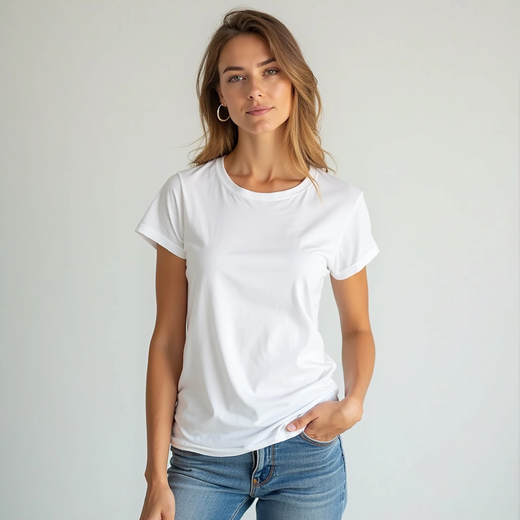 Photorealistic image in front view of a female model with blonde hair posing for a tshirt photoshoot. The model is wearing a Bella Canva 3001 light beige crewneck tshirt untucked. the model is looking at the camera, Different poses, white background, --no graphic --no text, imagem oficial do produto, retrato perfeitamente centrado