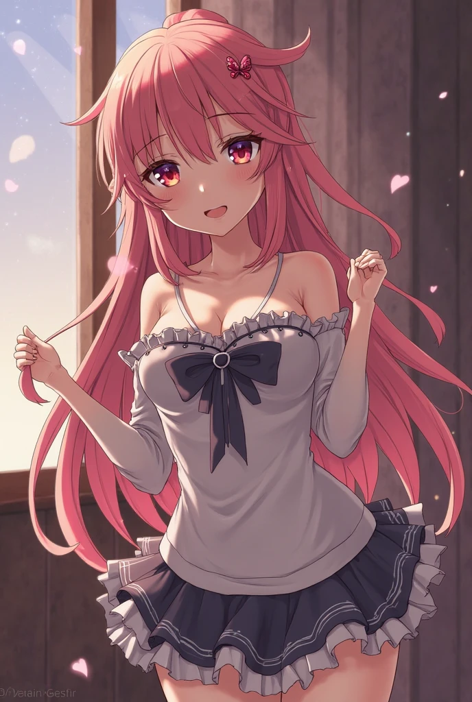 (extremely detailed CG unity 8k wallpaper), (masterpiece), (best quality), (ultra-detailed), (best illustration), (best shadow), (absurdres), ((female body)), 1girl, solo,Akari, 1girl, pink hair, hair ornament, blue eyes, solo, , cowboy shot, mini skirt left, pussy showing , happy ,blush,no top wear,
