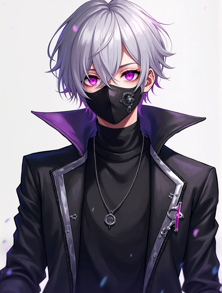 solo, handsome, 1 male, short hair, gray hair, purple eyes, black coat, black plague doctor mask, black gloves, black top hat