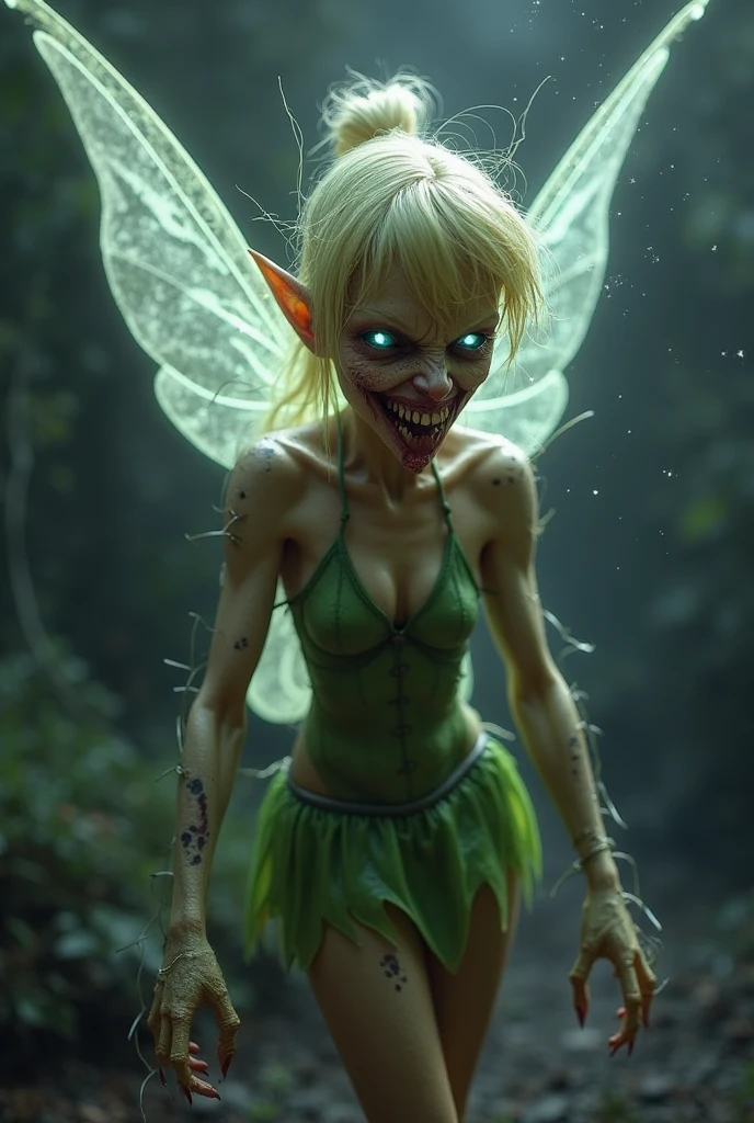 original-art, inked, lineart, masterpiece, best quality, 1girl, TinkerWaifu, single hair bun, strapless green dress, short blonde hair, elf ears, fairy wings, <lora:tinkerbell_character:0.4>, (blood:1.5), blood sprays, injured, villain, yameroyandere constricted pupils shaded face crazy smile crazy eyes glowing eyes dark <lora:yameroyandere-v2:0.7>, creepy