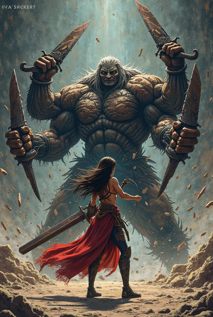 warrior with black wavy hair, 1.66 tall, fighting a boss 