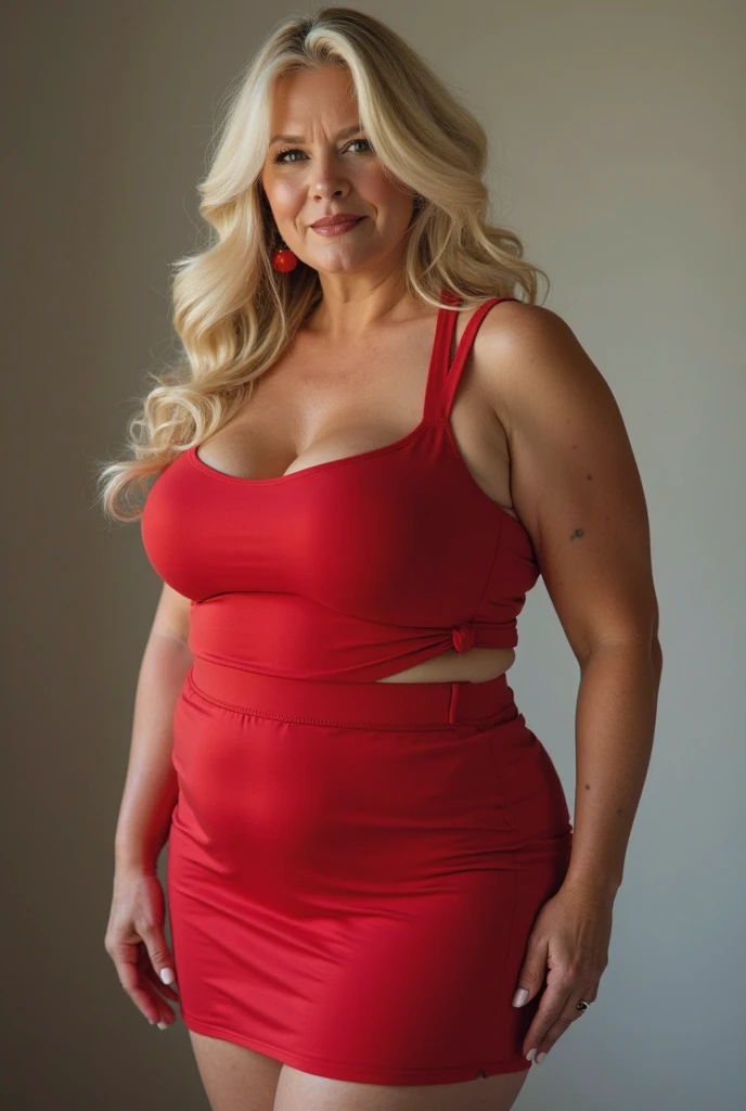A beautiful woman in her forties, white blonde, her hair is long, her eyes are hazel, obese, her buttocks are large, she wears a short red dress