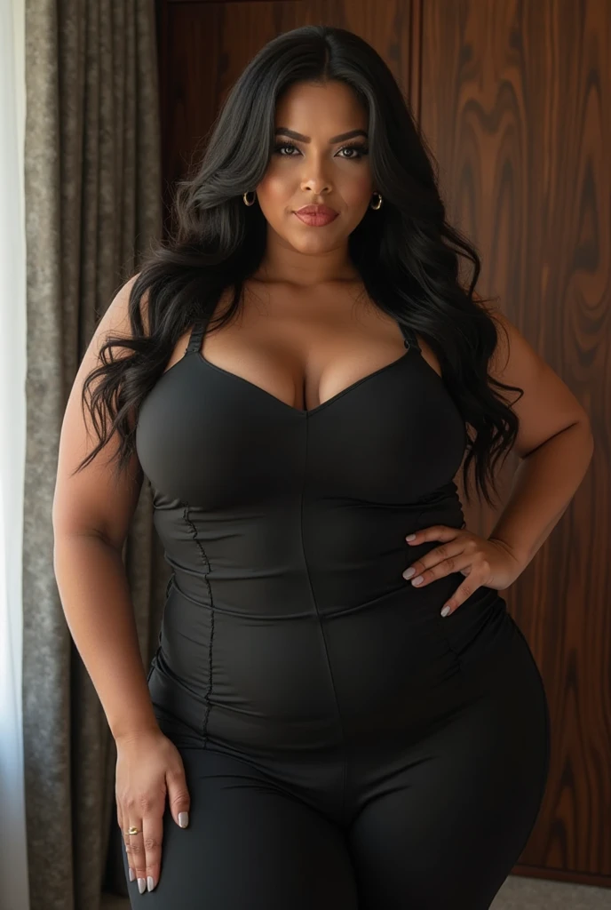 a woman with large breasts, wide hips, black hair, robust body, wearing a daring black dress, posing naturally in a restaurant background