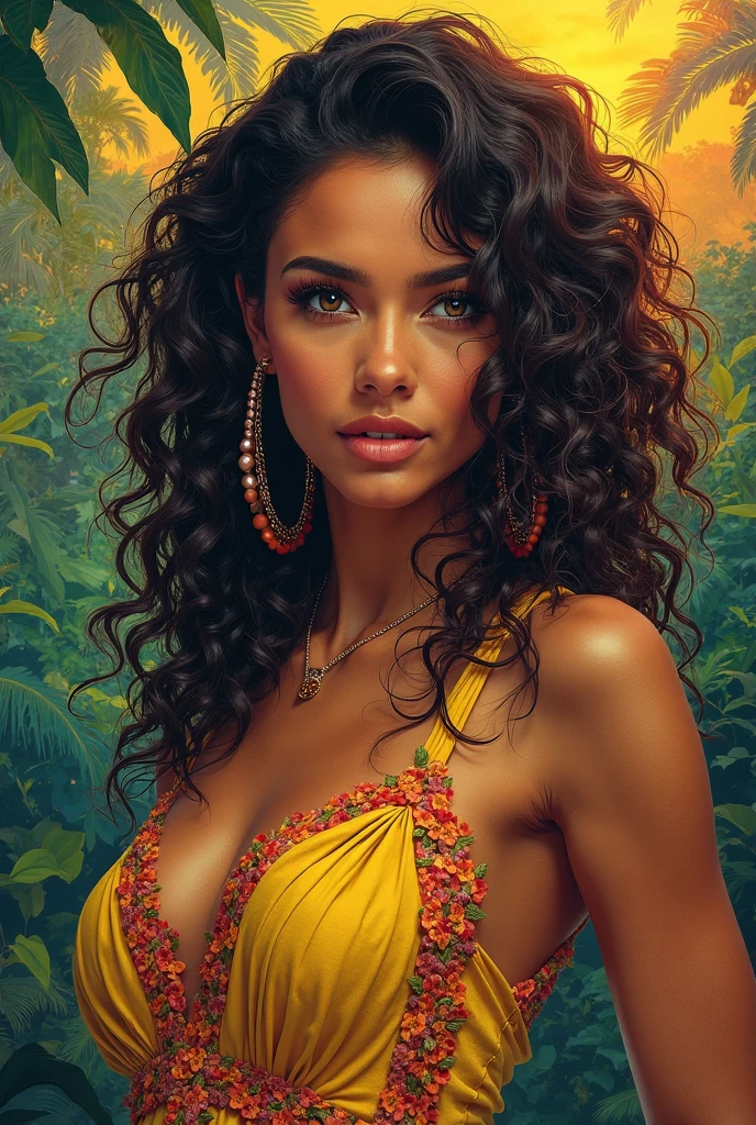 portrait of a plus size Papua New Guinean woman against a backdrop of waterfall in impressionistic painting style. her hair and face merges into the waterfall. highly detailed painting