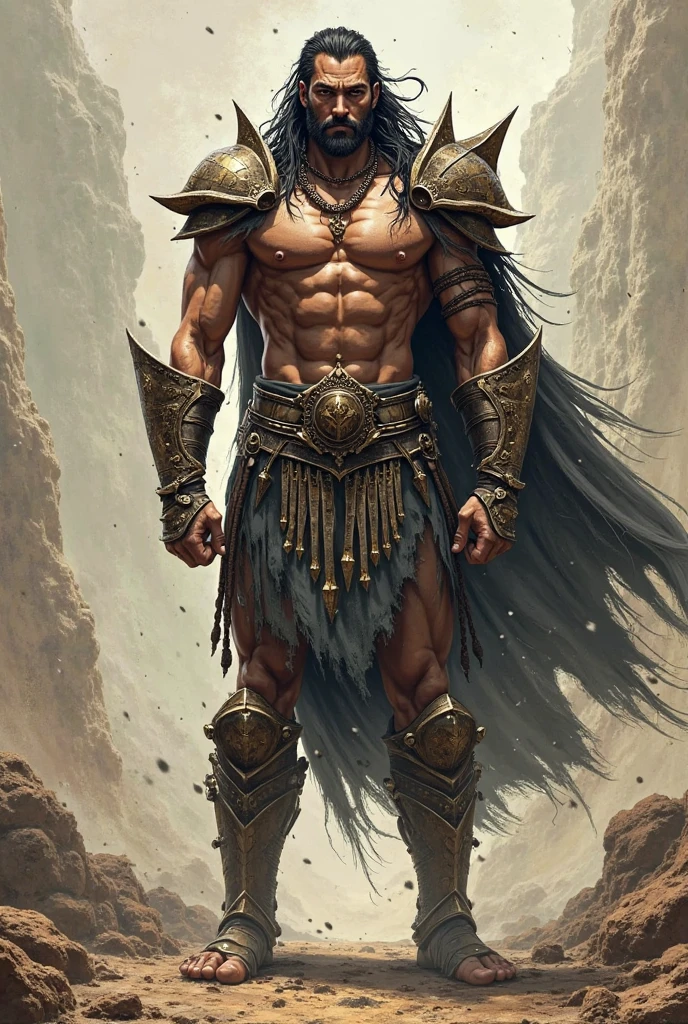 Powerful warrior, upper torso unveiled, lower body uncovered from thighs to feet, cascading long curls, meticulous muscle definition, lifelike depiction, 4K resolution. Background: Mythical fantasy landscape.,32k uhd, best quality, masterpiece, super detail, high details
