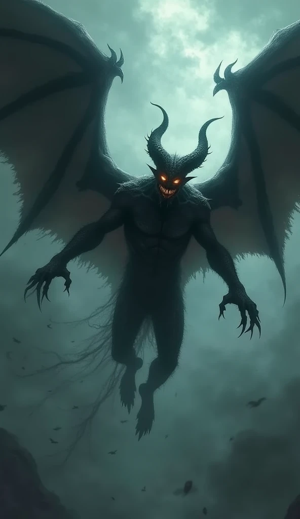 A gruesome green demon flying over dry trees in the midst of darkness