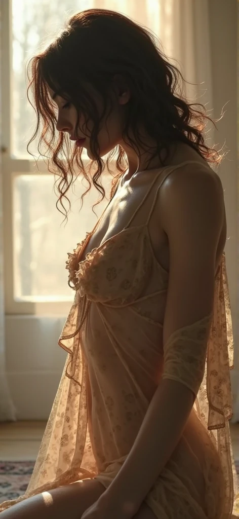 Woman curvy fully transparent clothes
Naked body.