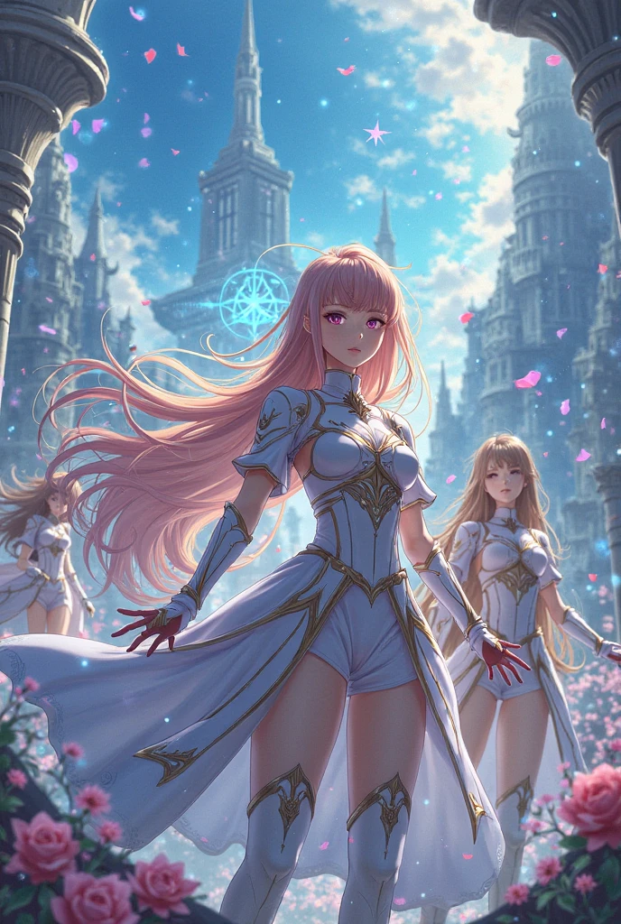 (Perfect Anatomy)、Mastepiece、Ultra High Quality、 8K、masterpiece、Highest quality、Ultra-high resolution、Maximum resolution、Very detailed、Professional Lighting、anime、woman、thin、so beautiful、Highly detailed eye、Highly detailed face、2girls, Golden earrings、Pink Hair,、Pink eyes、Mid-chest, pink lips, upper arm pink armor, white leotard, pink pattern, full body, magical girl, Angel Girl, pink thigh high stockings, white super long boots, pink gauntlet, high heels, hime cut, bridal hair accessory, kneeling, (BREAK), 2girls, Golden earrings、Blonde, hair bun, Yellow Eyes、Mid-chest,Valkyrie armor, white open mini skirt , full body, gold pattern, white super long boots, white long gloves, female martial artist, high heels, white clawed gauntlets, white cute headgear, gold knee armor,