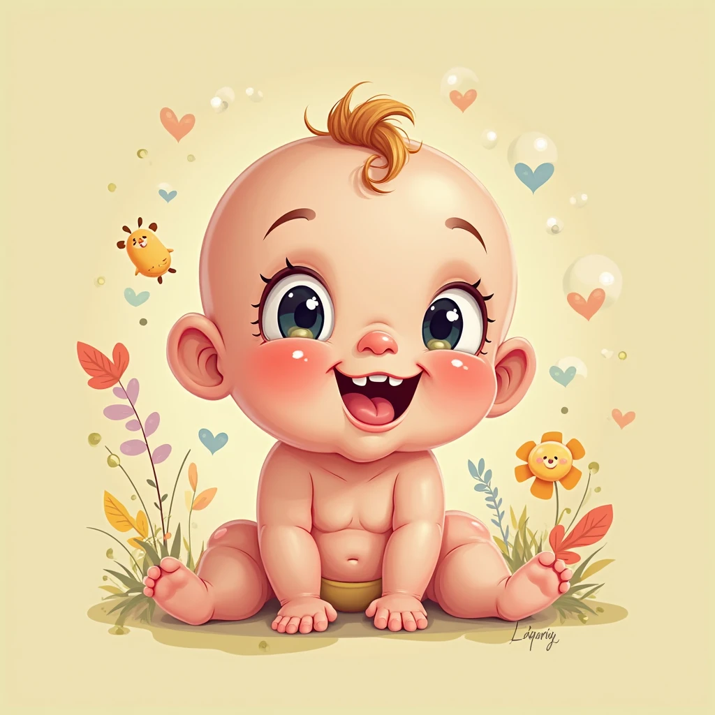 Cartoon drawing of a baby touching objects with his hands.