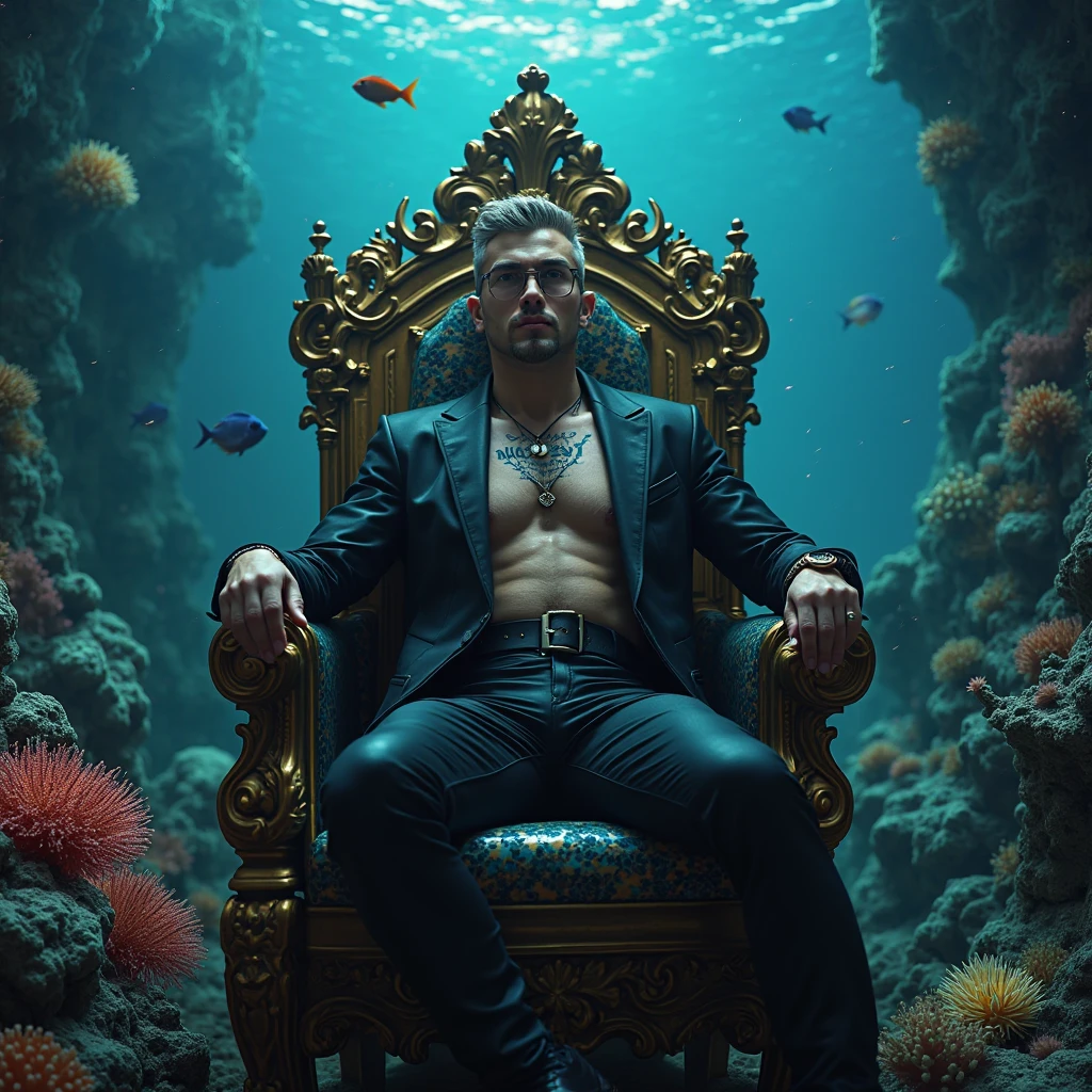 there is a man with tattoos on his body and a flower in his hand, album art, realism art, sitting in his throne underwater, art cover, realism art style, album, realistic art, official artwork, realism artstyle, music album art, by Adam Dario Keel, realistic artwork, album art cover, official art, lil peep, inspired by Adam Dario Keel