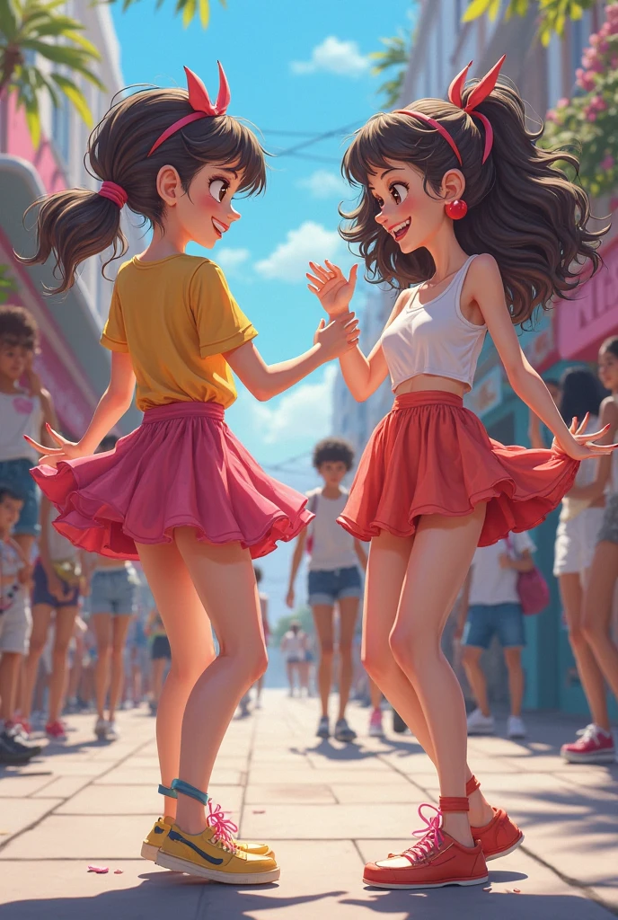 2 girls, face to face, side by side,
bouncing breasts, motion lines, running, furry, sweatdrop, cute smile,
loli, (oppai loli:1.3),
, skirt, gigantic breasts massive breasts huge breasts, topless , high detail
